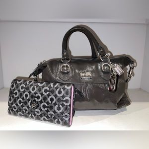 Grey Coach bag well taken care of with matching wallet.